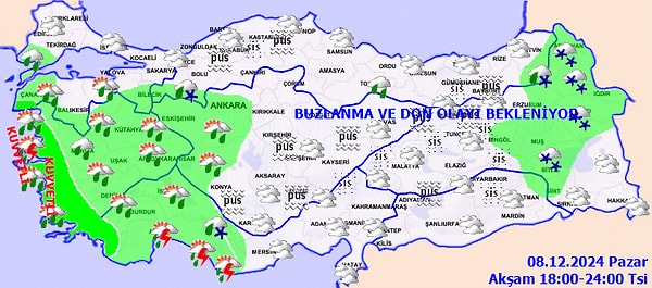 Yağışlar genellikle yağmur ve sağanak şeklinde olacak. Ancak Ege ve Akdeniz kıyılarında gök gürültülü sağanak, İç ve Doğu Anadolu’nun yüksek kesimlerinde karla karışık yağmur ve yer yer kar olarak görülmesi tahmin ediliyor.