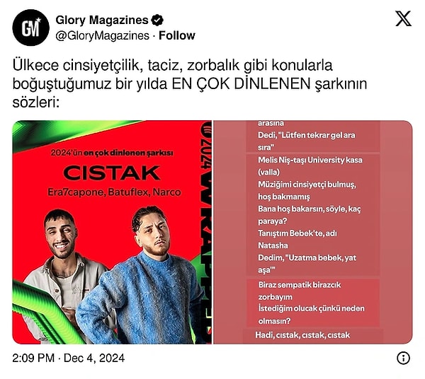 Her yıl sonu büyük bir merakla beklenen Spotify Wrapped, geçtiğimiz günlerde açıklandı biliyorsunuz. Türkiye'nin en çok dinlediği 'Cıstak' şarkısının sözleriyse büyük tartışma konusu olmuştu.