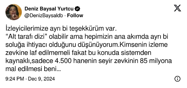 Söz konusu paylaşımın ardından Deniz Baysal, X hesabından Kalpazan izleyicisine hitaben bir veda paylaşımı daha yaptı.