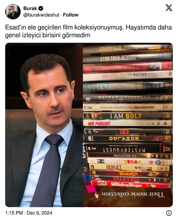 X/Twitter'da @burakwideshut ise o koleksiyonu "Hayatımda daha genel izleyici birisini görmedim" diyerek gösterdi. Filmler arasında Borat (2006), Last Vegas (2013) ve Hot Pursuit (2015) filmleri dikkat çekti.