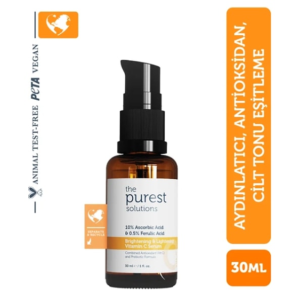 3. The Purest Solutions, C Vitamini Aydınlatıcı ve Ton Eşitleyici Cilt Bakım Serumu 30 ml (%10 Ascorbic Acid & Ferulic