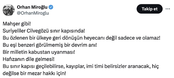 Ak Partili Orhan Miroğlu ise paylaştığı fotoğrafa mahşer benzetmesi yaptı. Cilvegözü'ne ait olduğunu savundu.