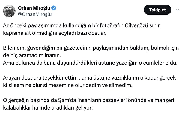 Miroğlu paylaşımın doğru olduğunda ısrar etmedi. Ancak silme kararı da almadı.