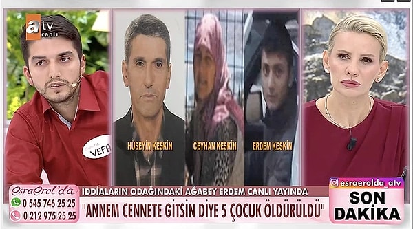 6. Esra Erol'un yayınına yaşadığı korkunç vahşeti açıklamak için gelen Vefa, babası ve annesi ile ilgili anlattıklarıyla duyduğumuz her şeyi unutturdu. Neredeyse her sene bir çocuk doğuran annesinin, cennete gitme vaadiyle çocuk yaptığını açıkladı. O çocukların da cennete gitmesi için babası tarafından öldürüldüğünü açıkladı. Yaşadığı sapkın olayda babasının kendisini mehdi sandığını söyleyen Vefa, itiraflarıyla hepimizi şoke etti.