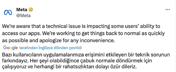 Meta'dan da konuyla ilgili açıklama gecikmedi ve açıklamada "Her şeyi olabildiğince çabuk normale döndürmek için çalışıyoruz." ifadesine yer verildi.