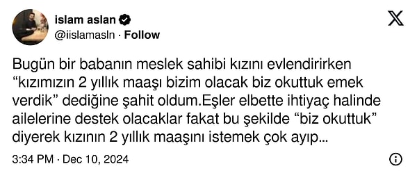 Twitter'da (X) @iislamasln isimli kullanıcı bir paylaşımıyla aile içindeki finansal ilişkiler üzerine geniş bir tartışma başlattı.