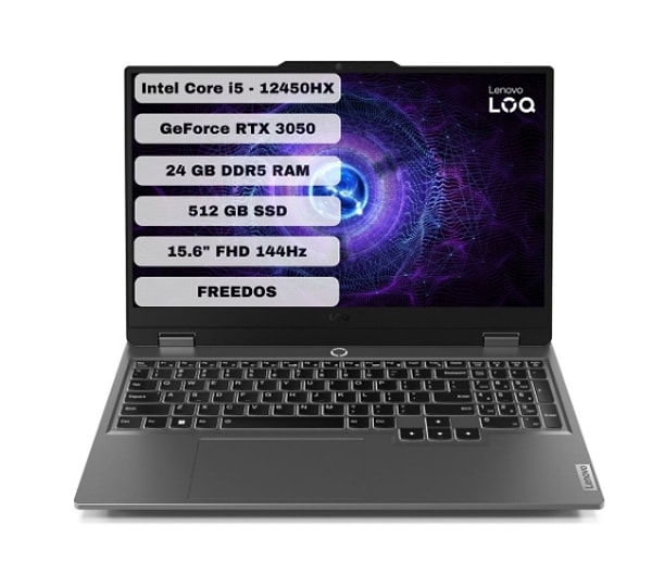 4. Lenovo LOQ Intel Core i5 12450HX 24GB 512GB SSD RTX3050 Freedos 15.6" FHD Taşınabilir Bilgisayar 83GS0099TR