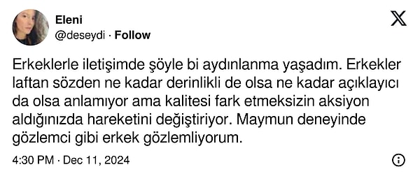 Bir Twitter (X) kullanıcısı, erkeklerin laftan anlamadığını sadece icraatten anladığını dile getirdi.