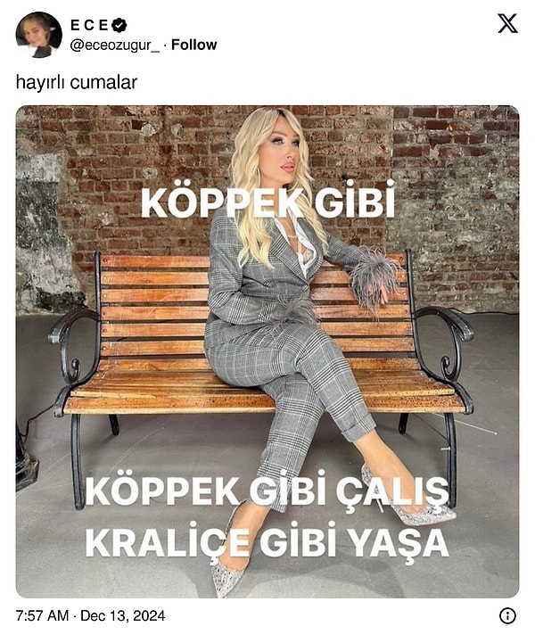 '@eceozugur_' isimli X kullanıcısı Seda Sayan'ın o anlarda söylediği "Köpek gibi çalışıp kraliçeler gibi yaşayan kadınım" sözünü paylaştı. Sosyal medya kullanıcılarından "Keşke Seda Sayan okusa" dedirtecek yanıtlar geldi👇🏻