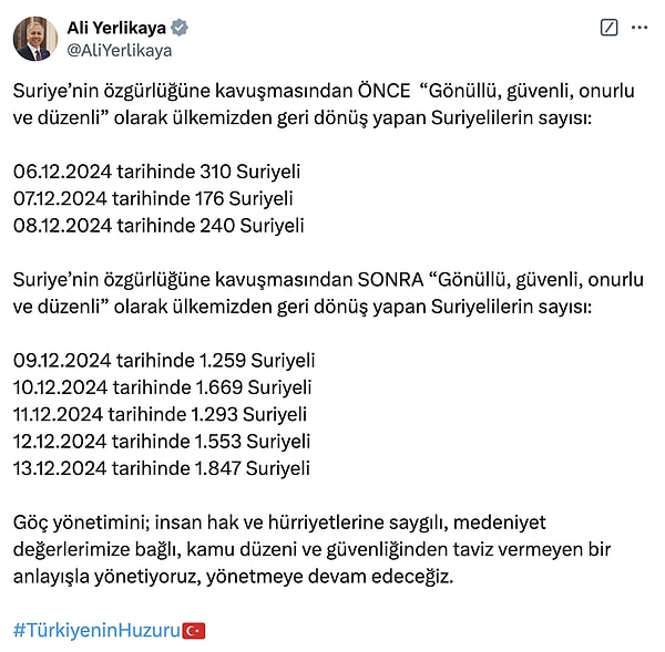 Yerlikaya 9-13 Aralık tarihleri arasında yapılan geri dönüşlerin günlük verilerini de paylaştı.