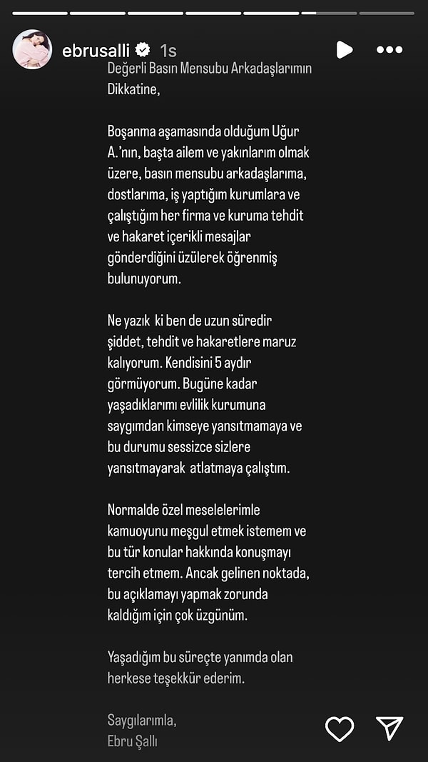 "Normalde özel meselelerimle kamuoyunu meşgul etmek istemem ve bu tür konular hakkında konuşmayı tercih etmem. Ancak gelinen noktada, bu açıklamayı yapmak zorunda kaldığım için çok üzgünüm."