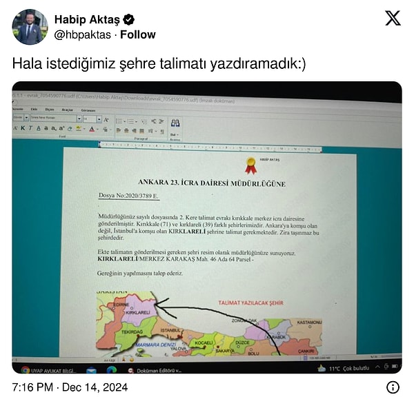 Ardından iki şehir arasındaki farkı harita ile gösteren kişinin kendisi bir tweet atarak ''Hala istediğimiz şehre talimatı yazdıramadık.'' dedi. 👇