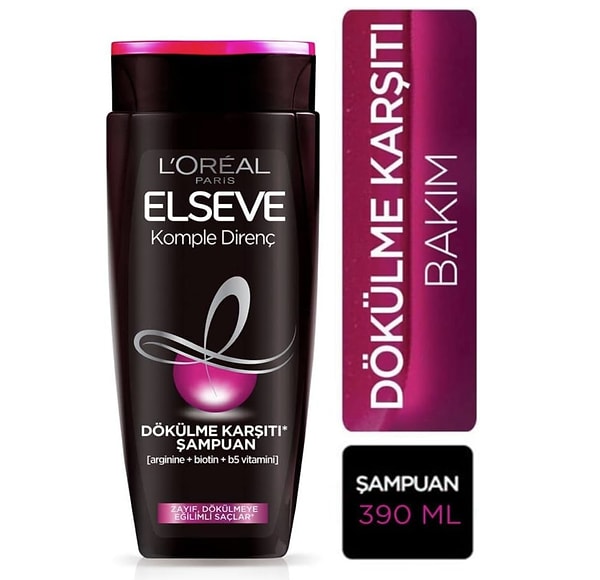 L’Oréal Paris Elseve Komple Direnç Dökülme Karşıtı Şampuan, saç dökülmesini engellemeye yardımcı olmak için özel olarak formüle edilmiş.