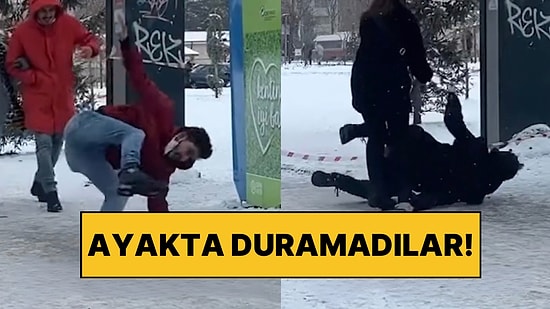 Buz Tutan Kaldırımda Yürümeye Çalışan Vatandaşlar Bir Bir Yere Kapaklandı