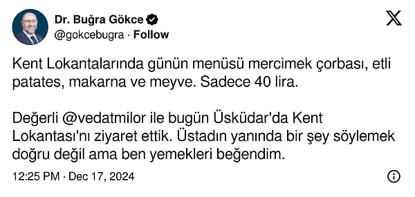 Ünlü gurme bu kez İBB'nin Üsküdar'daki Kent Lokantası'nda görüntülendi. İstanbul Planlama Ajansı Başkanı Buğra Gökce de Milor'a eşlik etti. Gökce, sosyal medya hesabından şu paylaşımı yaptı: