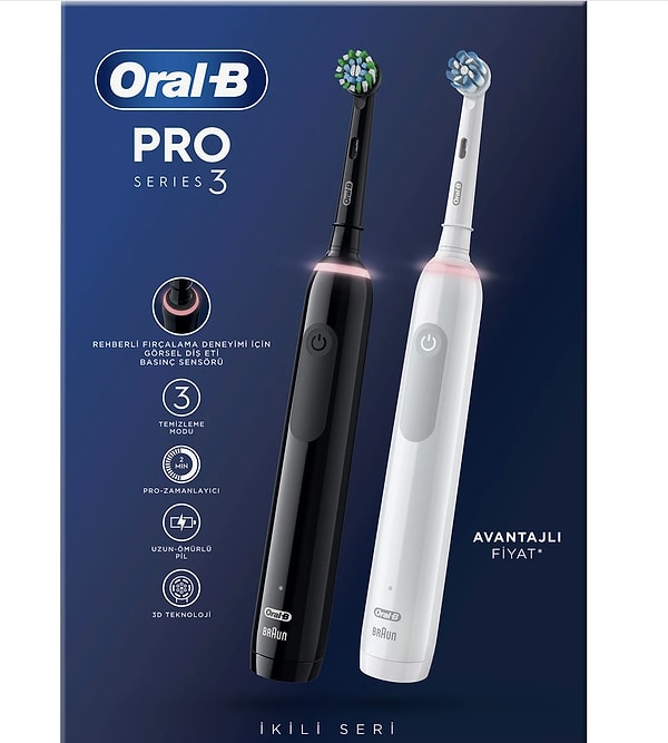 12. Oral-B Pro 3 - 3900 - Siyah Beyaz 2'li Elektrikli Diş Fırçası Seti