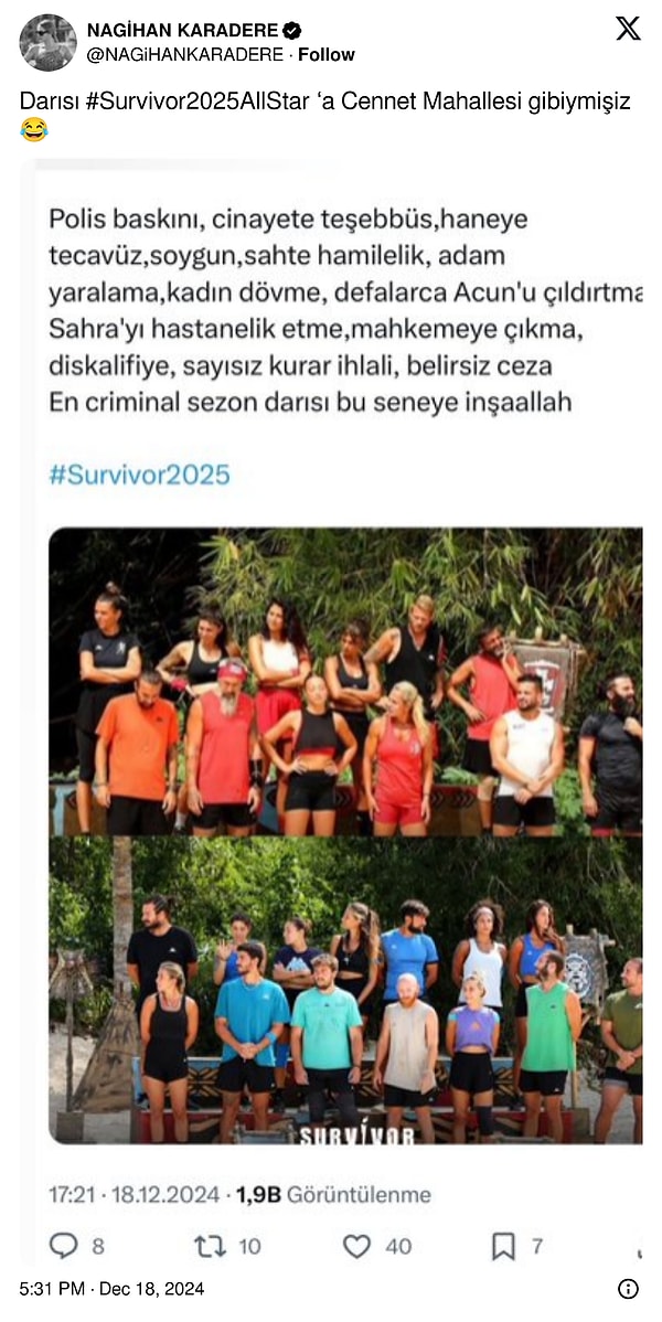 Survivor 2024'ün aşırı kriminal bir sezon olduğunu belirten kullanıcının paylaşımını yayınlayan Nagihan, Survivor 2024 ekibine "Cennet Mahallesi" benzetmesi yaptı.