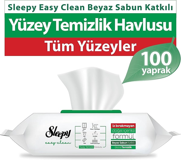 1. Sleepy Easy Clean Beyaz Sabun Katkılı Yüzey Temizlik Havlusu, 100 Yaprak