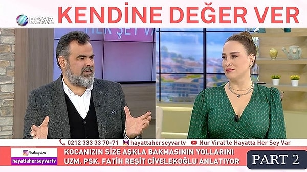 7. Hafta içi her gün Beyaz TV'de çeşitli uzmanları ağırlayan Nur Viral, psikolog Fatih Reşit Civelekoğlu'nu konuk etti. Civelekoğlu genellikle kadın-erkek ilişkileri üzerine açıklamalarıyla bilinirken bu defa kadınların makyaj yapması üzerinden şaşırtan iddialarda bulundu. Kırmızı ruj süren kadınların "Çiftleşmeye hazırım" mesajı verdiğini belirten Civelekoğlu'nun bu sözleri kısa sürede gündem oldu. İşte o anlar...