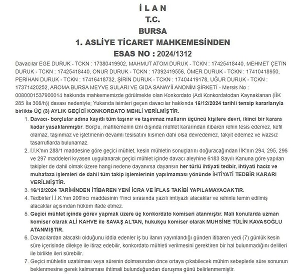 Bursa’da 1968 yılından bu yana faaliyet gösteren firmanın konkordato süreci için Muhsine Tülin Kavasoğlu, Ali Kahve ve Savaş Altan konkordato komiserleri olarak atandı.