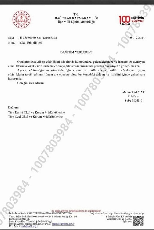 Bağcılar İlçe Milli Eğitim Müdürü Mehmet Altay imzasıyla okullara gönderilen o talimatı şöyle bırakalım 👇