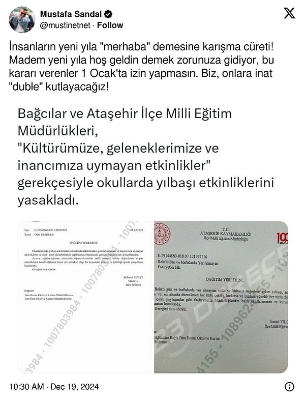 Sandal alınan karara "İnsanların yeni yıla 'merhaba' demesine karışma cüreti! Madem yeni yıla hoş geldin demek zorunuza gidiyor, bu kararı verenler 1 Ocak'ta izin yapmasın. Biz, onlara inat 'duble' kutlayacağız!" ifadeleriyle isyan etti.