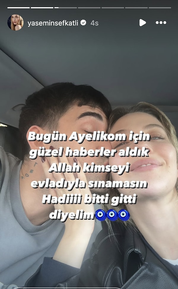 Anneliğin pek bir yakıştığı Yasemin Tatlıses bugün Instagram hesabından attığı bir hikayeyle müjdeli haberi "Bugün Ayelikom için güzel haberler aldık. Allah kimseyi evladıyla sınamasın. Hadi bitti gitti diyelim" diyerek verdi.