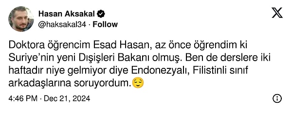 Dışişleri Bakanı olan Esad Hasan için doktoradaki hocası da ilginç bir paylaşıma imza attı: