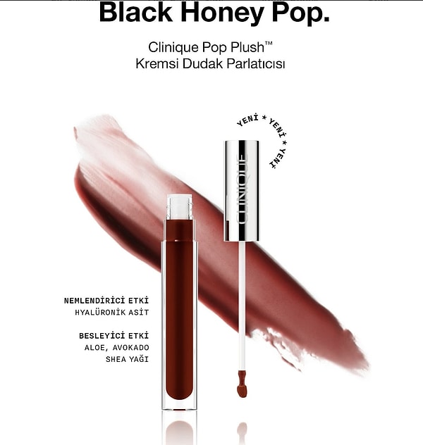 8. Clinique Pop Plush™ Kremsi Dudak Parlatıcısı - Black Honey Pop