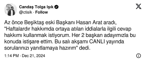 Hasan Arat, Candaş Tolga Işık'ın programına konuk olacak.