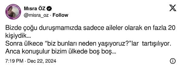 Çorlu tren kazasında eşi ve çocuğunu kaybeden Mısra Öz, ''Bizde çoğu duruşmamızda sadece aileler olarak en fazla 20 kişiydik… Sonra ülkece “biz bunları neden yaşıyoruz?”lar  tartışılıyor. Anca konuşulur bizim ülkede boş boş…'' diyerek Sırbistan'daki protestolar üzerinden ülkemizdeki protesto kültürünü eleştirirken yaşadığı zorlu günleri hatırlattı.👇