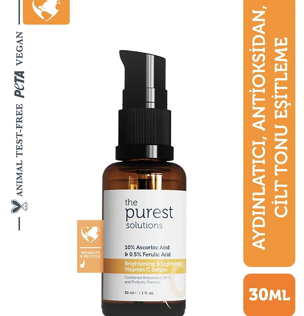 The Purest Solutions C Vit Aydınlatıcı Ve Ton Eşitleyici Bakım Serumu 30 ml %10 Ascorbic Acid & Ferulic Acid %0,5