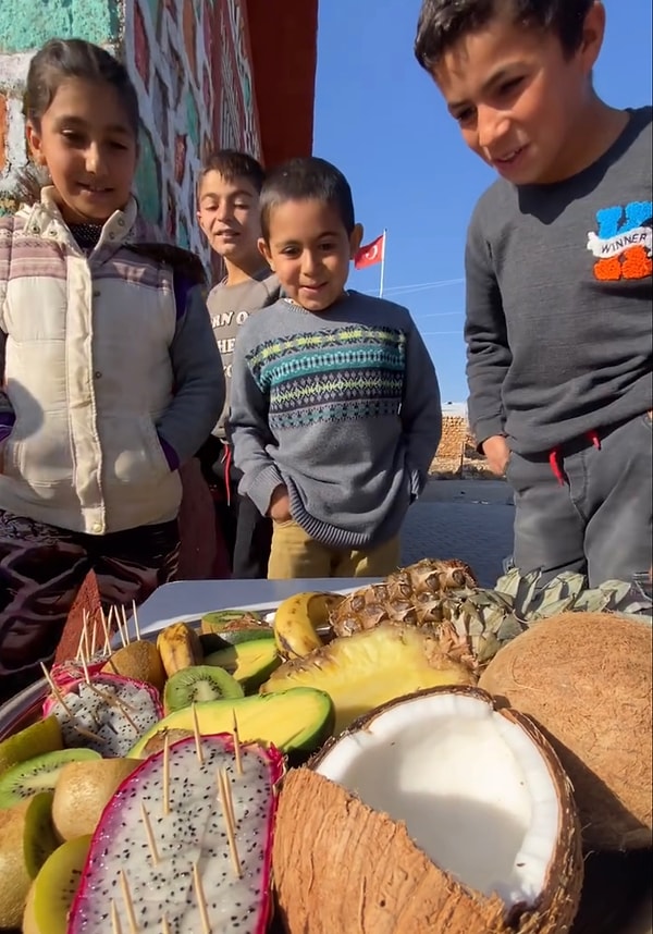 Tabakta, hindistan cevizi, ejder meyvesi, ananas, kivi, muz ve avokado vardı.