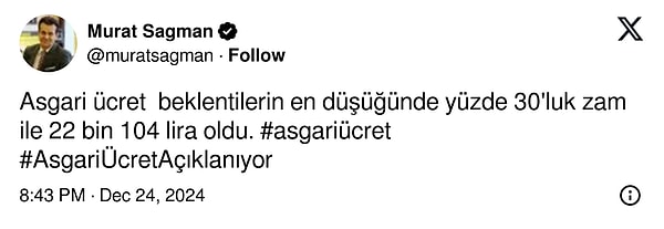 Ekonomist Murat Sagman: "Asgari ücret  beklentilerin en düşüğünde yüzde 30'luk zam ile 22 bin 104 lira oldu."