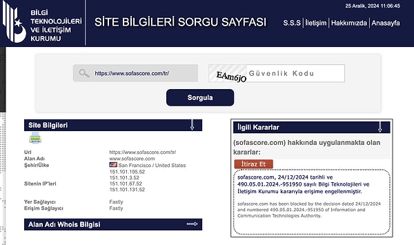 BTK'ye ait sorgulama sayfasında Sofascore domain adı aratıldığında ise "sofascore.com, 24/12/2024 tarihli ve 490.05.01.2024.-951950 sayılı Bilgi Teknolojileri ve İletişim Kurumu kararıyla erişime engellenmiştir." ifadeleri görüldü.