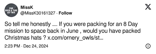"Dürüstçe söyle. Haziran ayında uzaya 8 günlük bir görev için valiz hazırlasaydın, Noel şapkanı da alır mıydın?"
