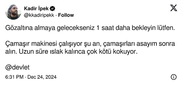 X hesabı üzerinden paylaşım yapmaya devam eden Kadir İpek hakkında, Emniyet Genel Müdürlüğü Siber Suçlarla Mücadele Daire Başkanlığı ve Güvenlik Daire Başkanlığı araştırma yapmaya başlandı.