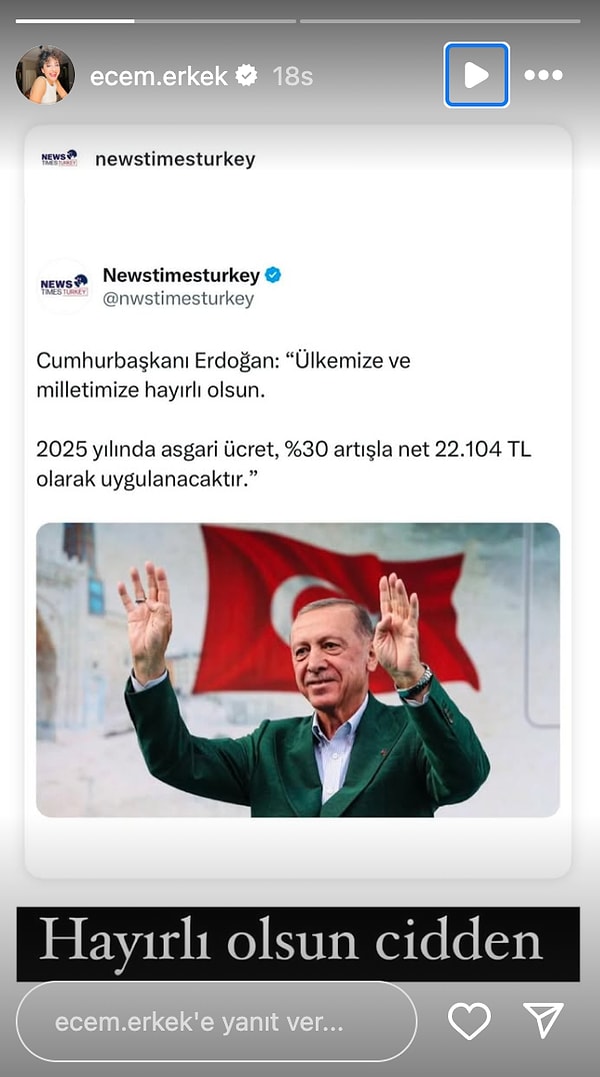 Show TV'nin sevilen programı 'Güldür Güldür Show'la bilinirliğini arttıran oyuncu Ecem Erkek de sosyal medya hesabından "Hayırlı olsun cidden" notunu düştüğü bir paylaşım yapmıştı.