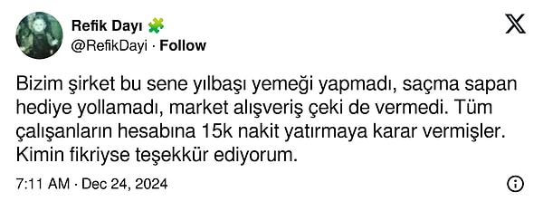 Bir X kullanıcısı firmasının 15 bin lira nakit yardımını böyle duyurdu.