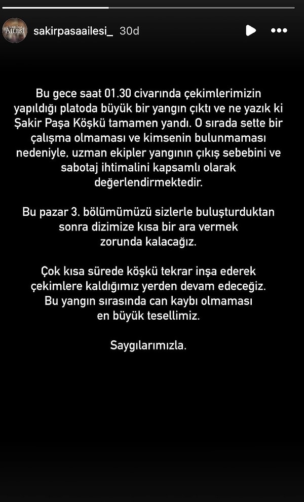 Dizinin resmi Instagram hesabından yapılan açıklamaya göre, yangın 26 Aralık saat 01.30 civarında başladı. Olay sırasında set ekibi büyük bir panik yaşarken, yangının kontrol altına alınması için yoğun bir mücadele verildi.