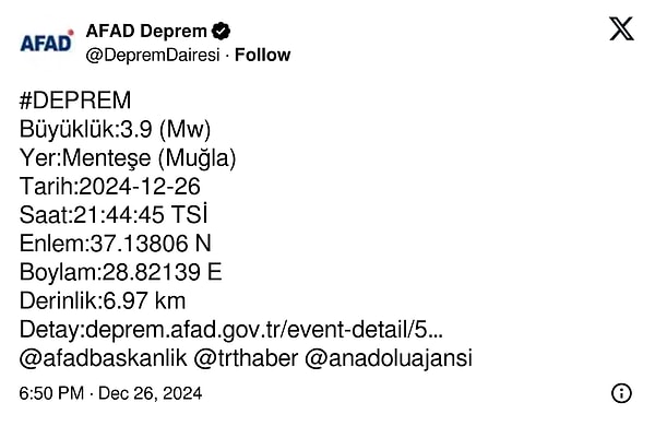 Muğla'nın Menteşe ilçesinde saat 21.44'te meydana gelen 3.9 büyüklüğünde depreme ilişkin detaylar AFAD tarafından X üzerinden paylaşıldı.