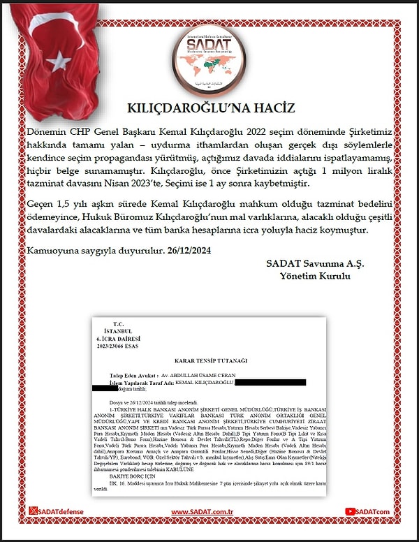 Yapılan açıklamada Kılıçdaroğlu’nun 2022 seçim döneminde SADAT hakkında söylediği sözlere yönelik açılan davanın kaybedildiği dile getirildi.