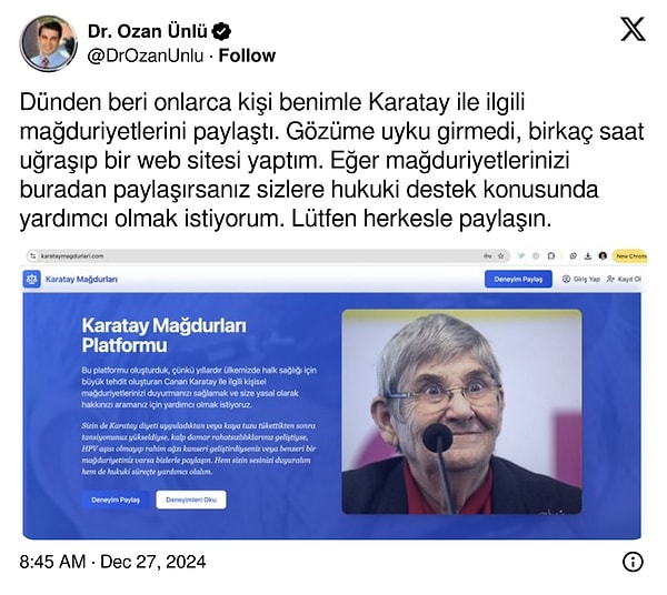 Harvard'da görevli Dr. Ozan Ünlü, sosyal medyadan kendisine gelen Karatay hakkındaki şikayetlere çözüm olarak 'Karatay Mağdurları Platformu'nu kurduğunu duyurdu. Dr. Ünlü, mağdurlara hukuki destek konusunda yardımcı olacağını da belirtti.