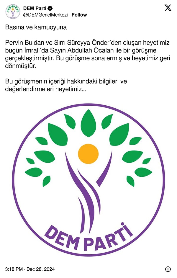 İşte, DEM Parti'nin "Görüşmenin içeriği hakkındaki bilgileri ve değerlendirmeleri heyetimiz ilerleyen saatlerde basın ve kamuoyuyla paylaşacaktır." açıklaması 👇