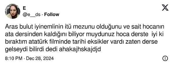 Bir kullanıcı, İynemli'nin Ata dersinden kaldığını, hatta hocasının Atatürk filminde tarihi eksikler olduğunu söylediğini paylaştı.