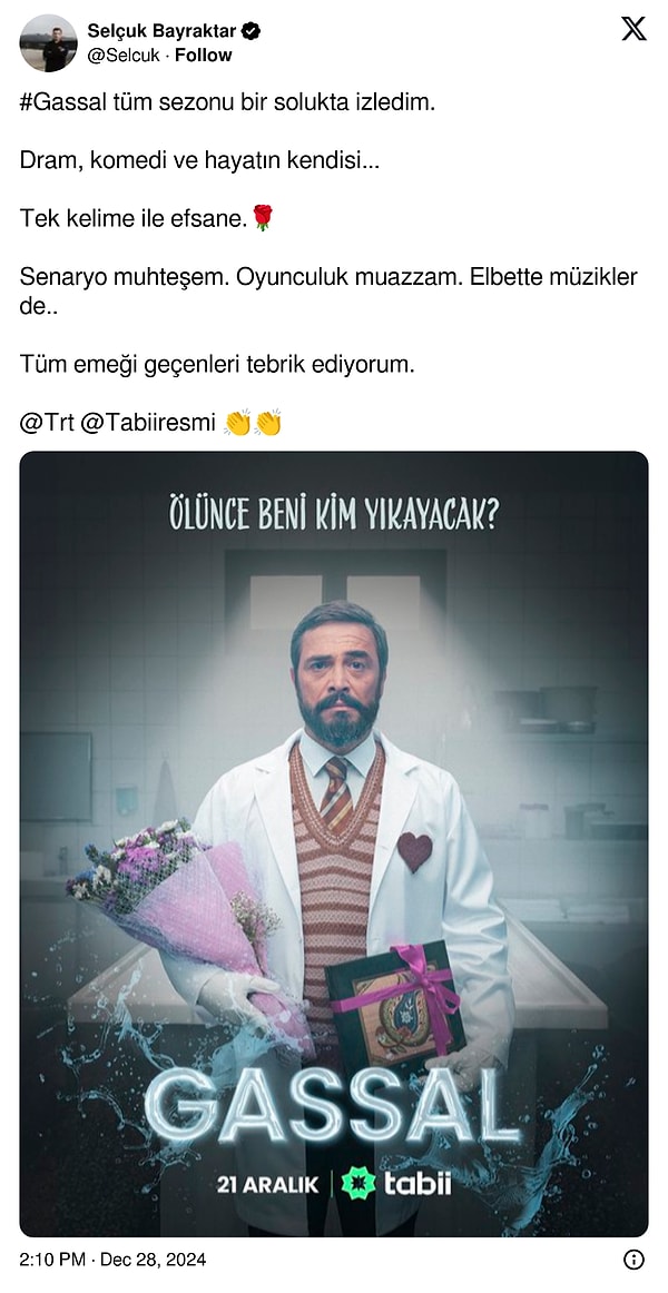 Selçuk Bayraktar da diziyi övenler ve yapımda emeği geçenleri tebrik edenler arasında.