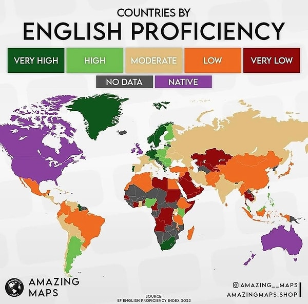 1. Ülkelerin İngilizce yeterliliklerini gösteren bir harita