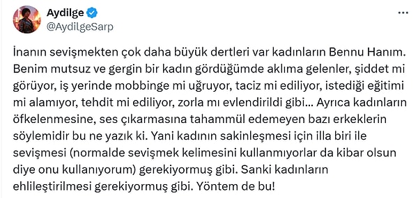 Kadın hakları, kadın bedeni ve toplumdaki roller söz konusu olduğunda kendini tutamayan Aydilge'den Bennu Gerede'nin bu açıklamasına yanıt ise hiç gecikmeden geldi. 👇