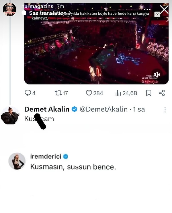 Demet Akalın'a cevap veren İrem Derici, Hadise'yi koruyarak Demo'ya had bildirdi. "Kusmasın, sussun bence" yorumunu yaptı fakat sonradan sildi.