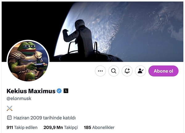 Musk, Salı günü X profil ismini "Kekius Maximus" ve profil resmini ise gladyatör benzeri bir zırh giymiş popüler "Pepe the Frog" karakteri olarak güncelledi. Bu değişim takipçilerinin dikkatini çekerken, Musk'tan henüz bir açıklama gelmedi.